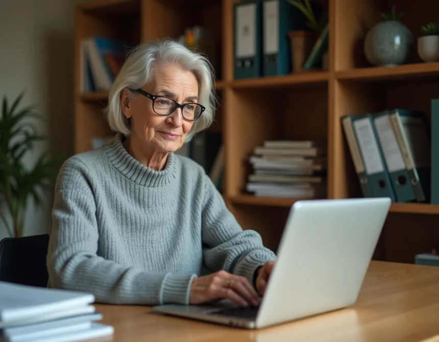 Femme cherchant un numéro de téléphone sur un annuaire inversé en ligne depuis son bureau à domicile