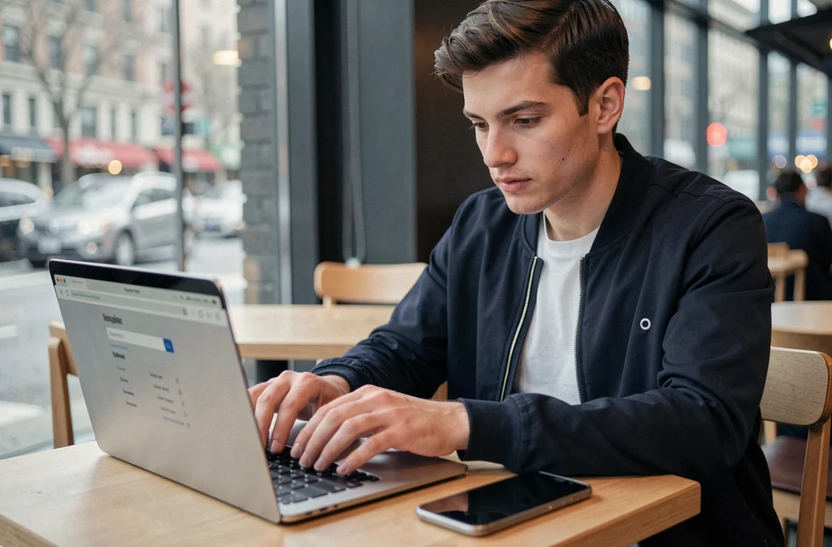 Jeune professionnel recherchant l'identité d'un numéro de téléphone portable sur un ordinateur dans un café