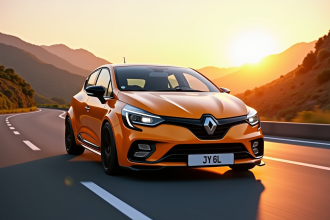 Renault Clio 2 V6 sur route de montagne au lever du soleil