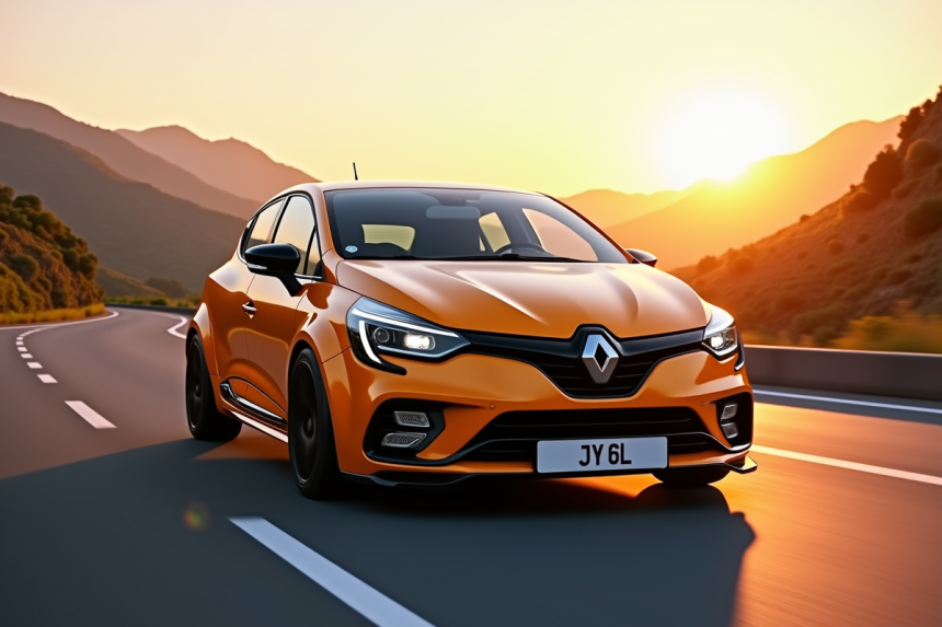 Renault Clio 2 V6 sur route de montagne au lever du soleil