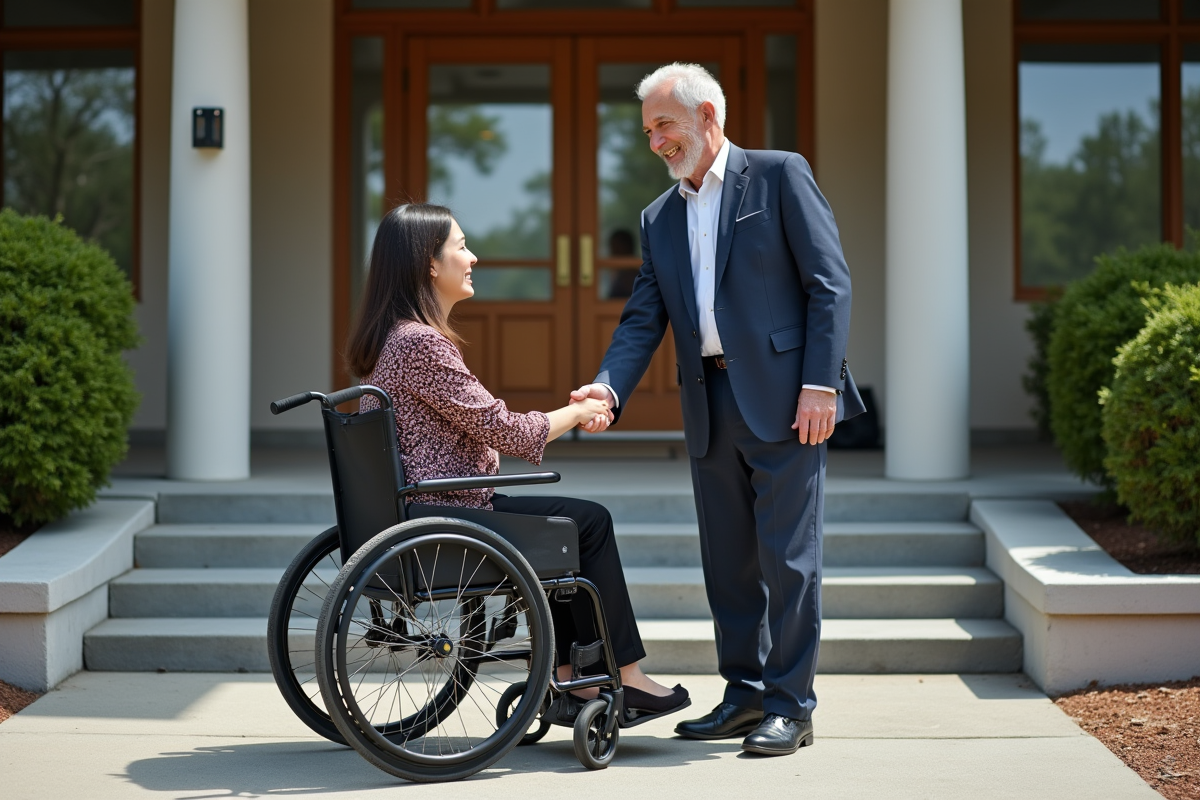 Jeune femme en fauteuil accueillie par un homme en extérieur