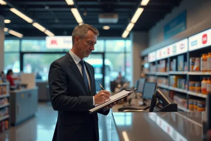 Homme d'affaires vérifiant une liste dans une station service propre