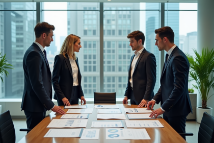 Femme d'affaires et collègues discutant d'ecg dans une salle moderne