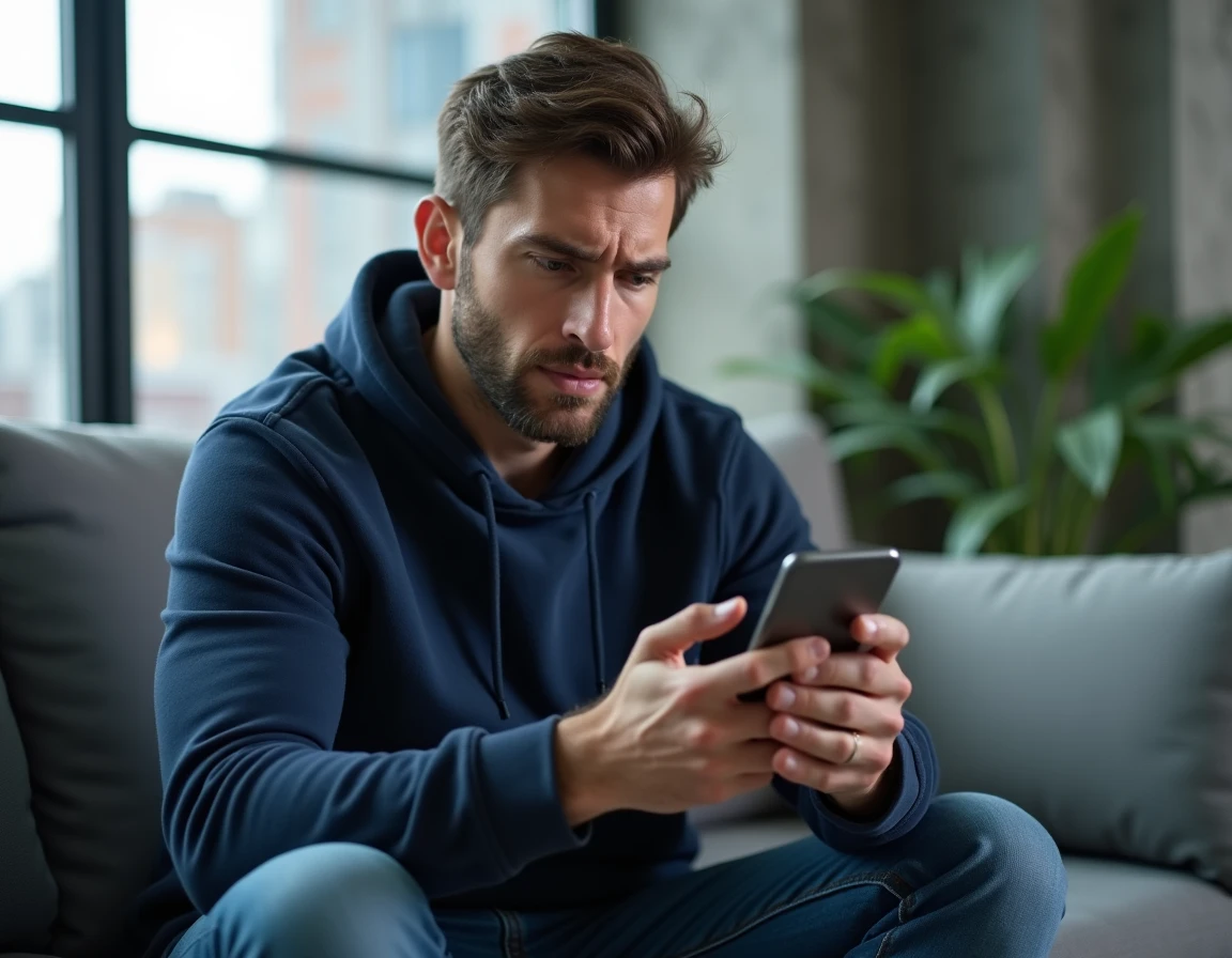 Homme inquiet consultant son smartphone pour comprendre les risques liés au partage de contenu privé sur internet