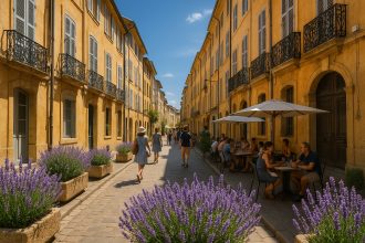 Rue provençale ensoleillée avec bâtiments pastel et lavande