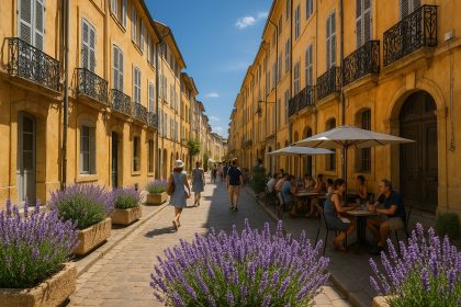 Rue provençale ensoleillée avec bâtiments pastel et lavande