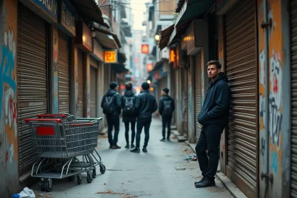 Ruelle urbaine dégradée avec graffitis et habitants d'un quartier défavorisé illustrant la transformation sociale d'un quartier chaud