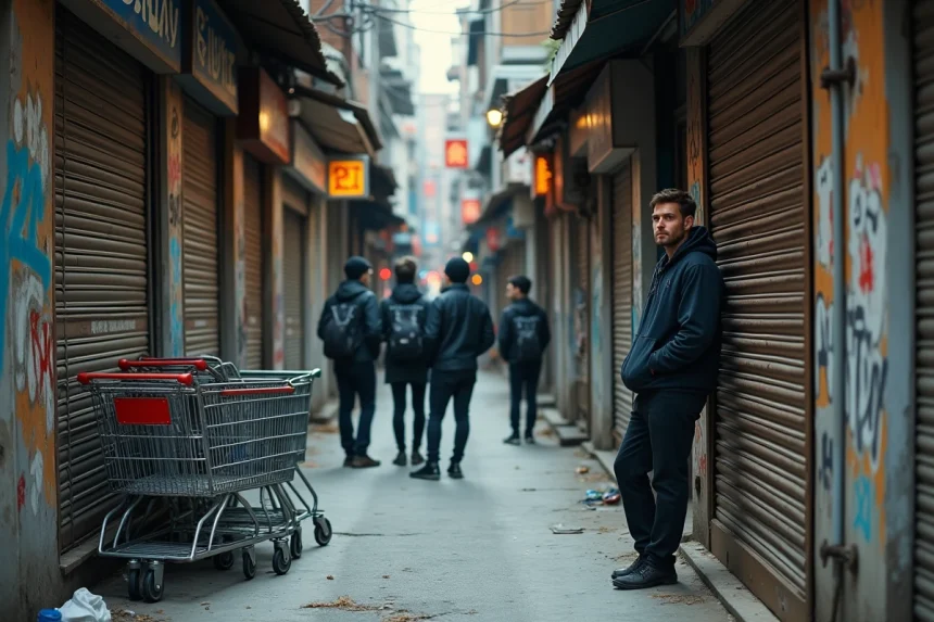 Ruelle urbaine dégradée avec graffitis et habitants d'un quartier défavorisé illustrant la transformation sociale d'un quartier chaud
