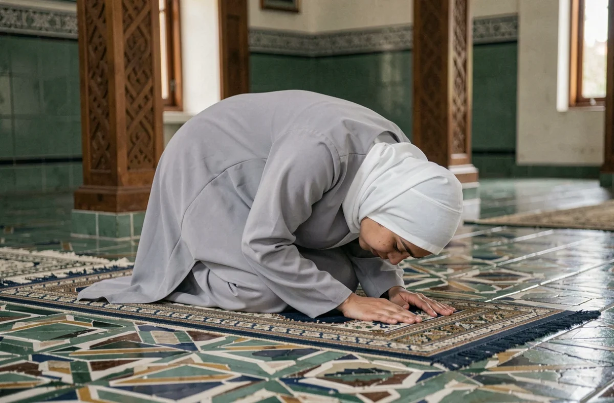 Femme musulmane en abaya grise en position de sujud dans une mosquée, illustrant la prière de repentance avec dévotion