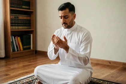 Homme musulman en thobe blanc faisant du'a sur un tapis de prière chez lui, symbolisant la repentance sincère dans l'Islam