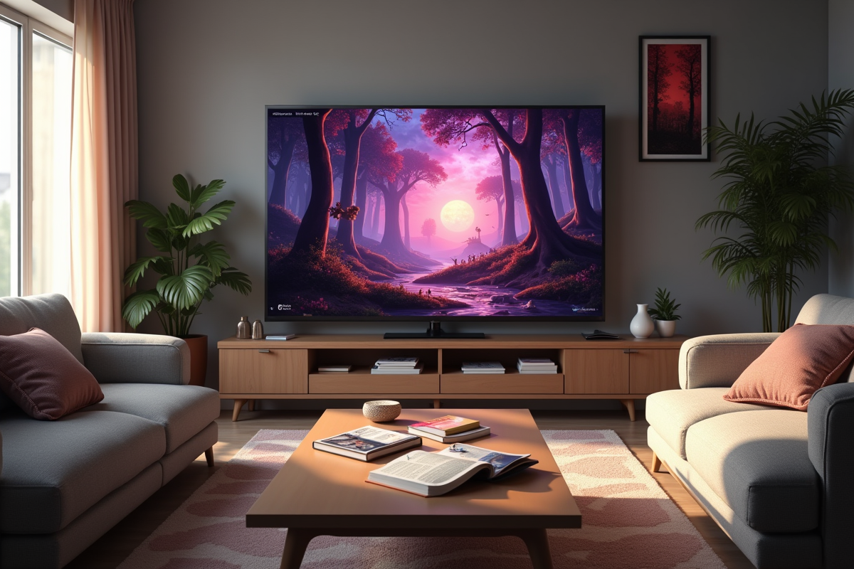 Salon avec TV affichant un anime fantasy et mangas sur la table