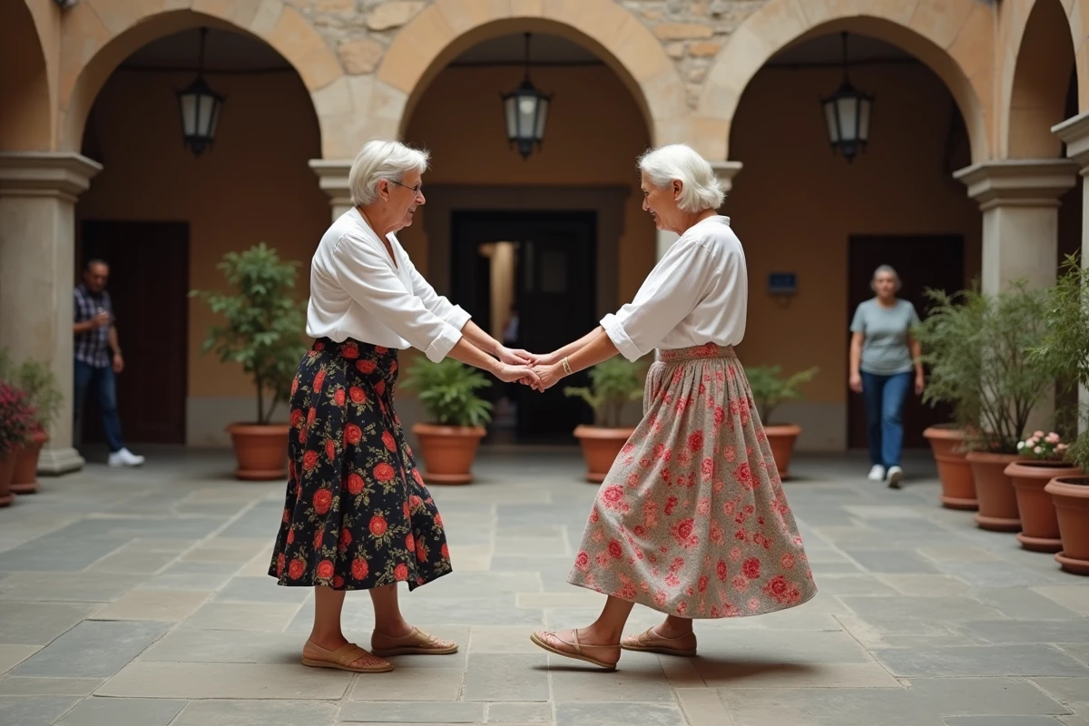 Deux femmes espagnoles âgées pratiquant la Sardane dans une cour du quartier gothique de Barcelone, ambiance traditionnelle catalane authentique