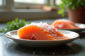 Filet de saumon congelé sur une assiette en céramique
