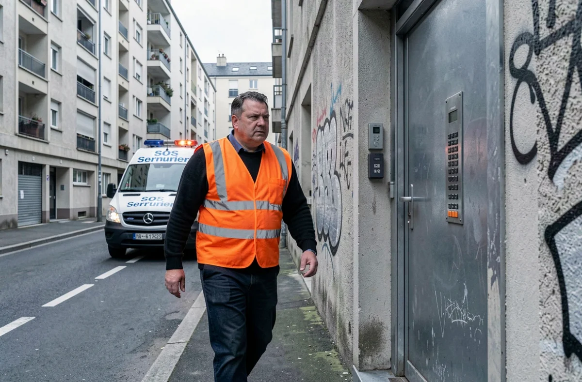 Serrurier Aubervilliers SOS Serrurier arrivant en intervention devant un immeuble avec son véhicule d'urgence