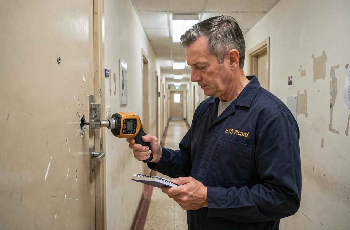 Technicien ETS Picard Serrurerie Bondy examinant une serrure multipoints endommagée dans un couloir d'immeuble
