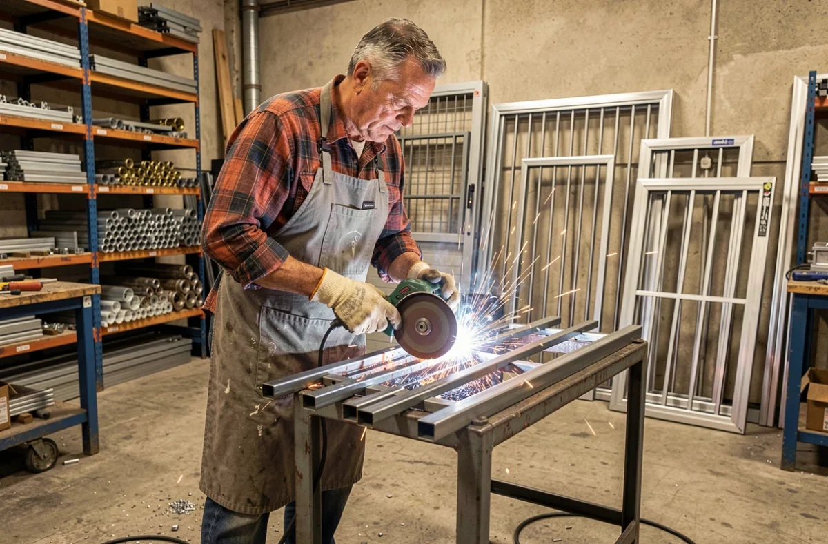 Artisan de Métal Serrurerie Rosny travaillant sur une grille de sécurité métallique dans son atelier industriel