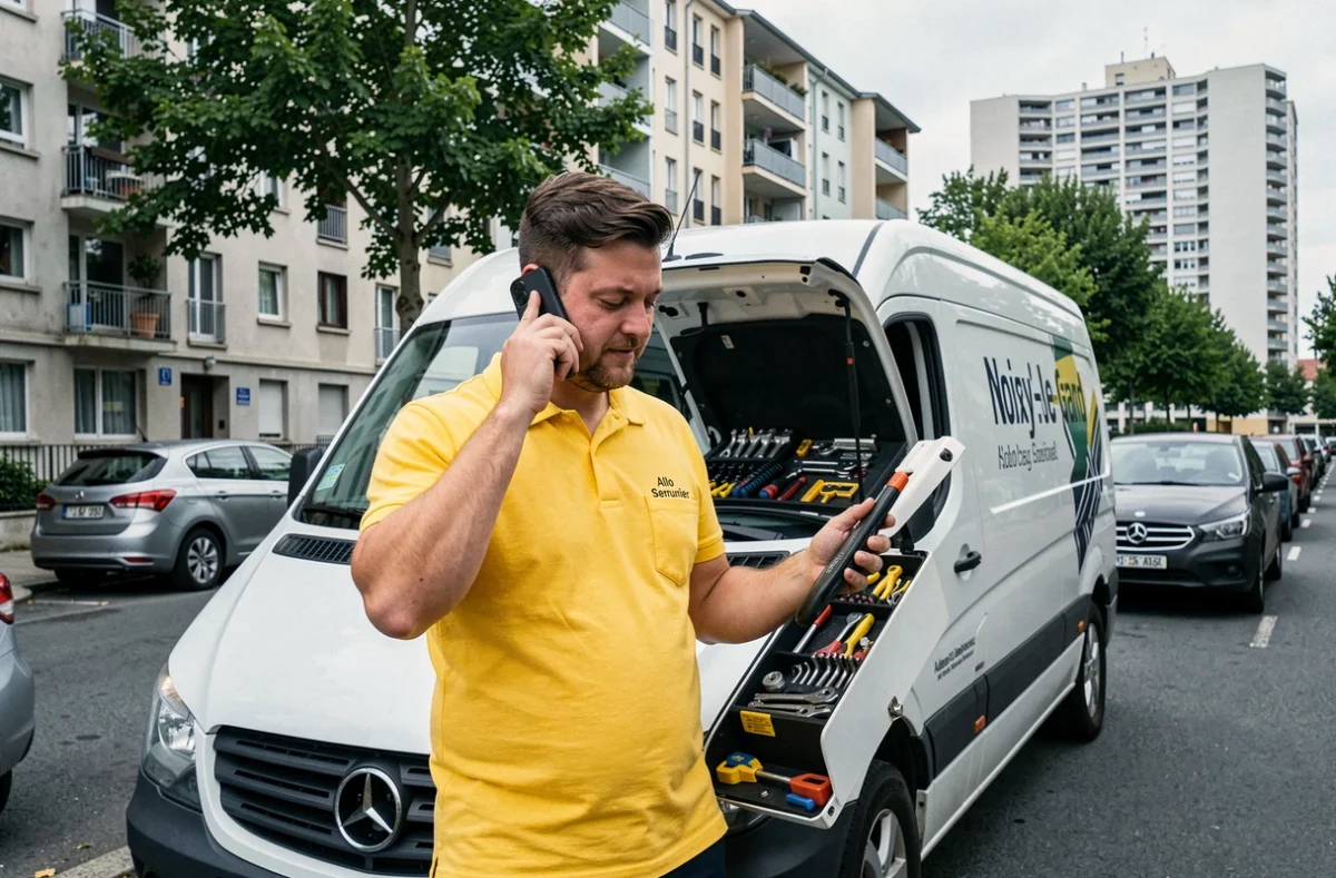 Technicien Allo Serrurier Noisy-le-Grand chargeant ses outils dans son véhicule tout en répondant à un appel d'urgence