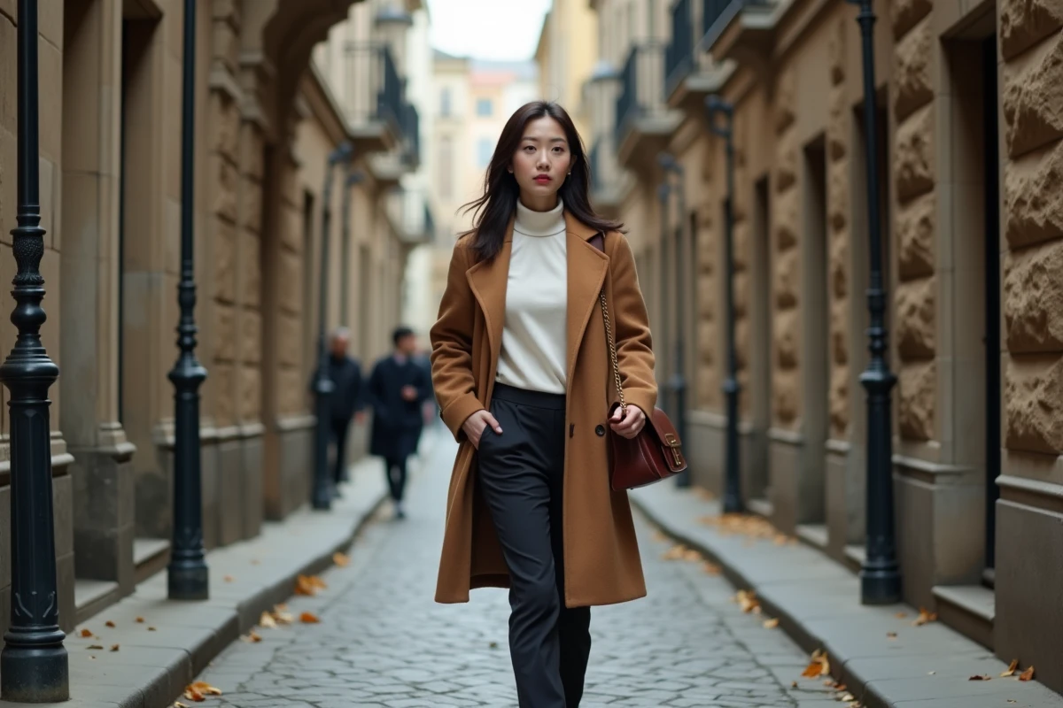 Femme asiatique marchant avec assurance dans une ruelle pavée historique, représentant la détermination et les ambitions du signe chinois du Coq de 1993