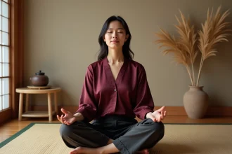 Femme asiatique en méditation dans un intérieur japonais épuré, illustrant les forces intérieures du signe astrologique chinois du Coq né en 1993