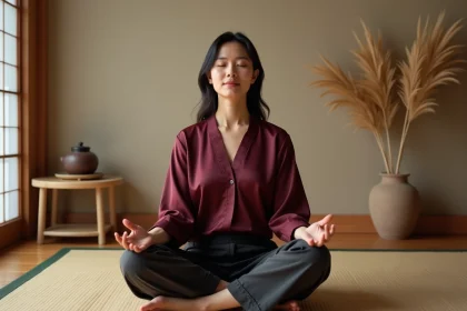 Femme asiatique en méditation dans un intérieur japonais épuré, illustrant les forces intérieures du signe astrologique chinois du Coq né en 1993