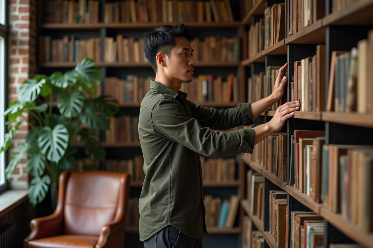 Homme asiatique pensif devant une bibliothèque, symbolisant les talents intellectuels et la profondeur du Coq chinois né en 1993