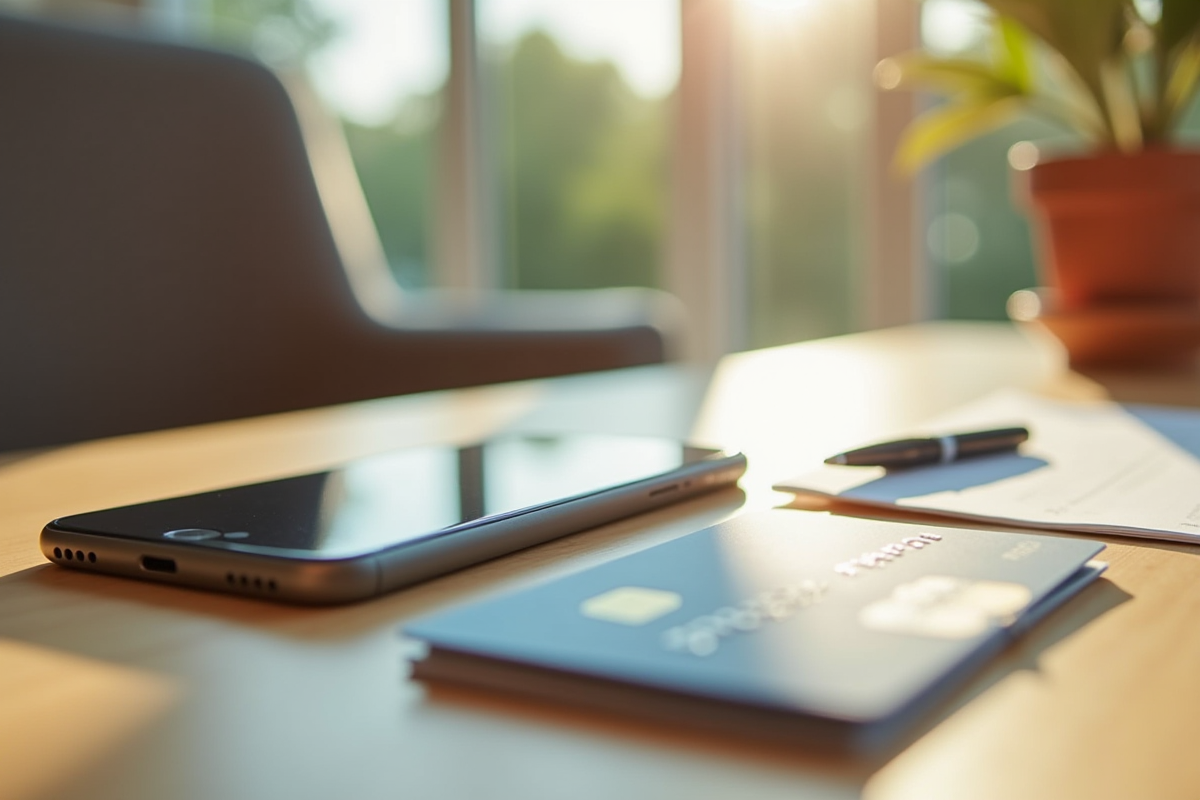 Smartphone avec application Pôle Emploi et carte bancaire sur table