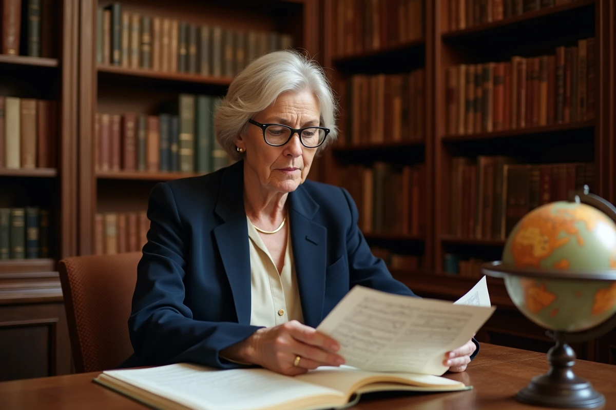Soprano renommée consultant une partition musicale dans une bibliothèque d'archives musicales