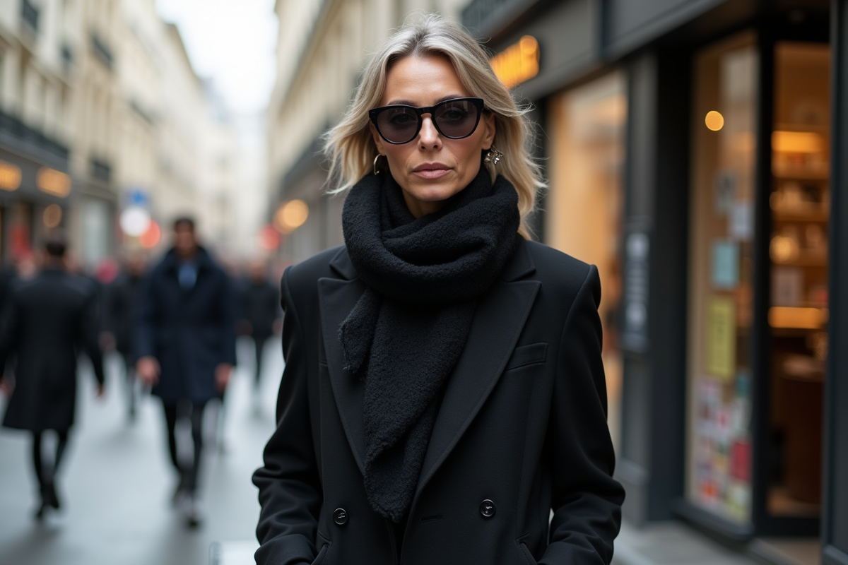 Styliste femme marchant dans rue parisienne lors de la fashion week