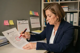 Femme juriste analysant un document légal avec des dates encerclées sur un bureau professionnel