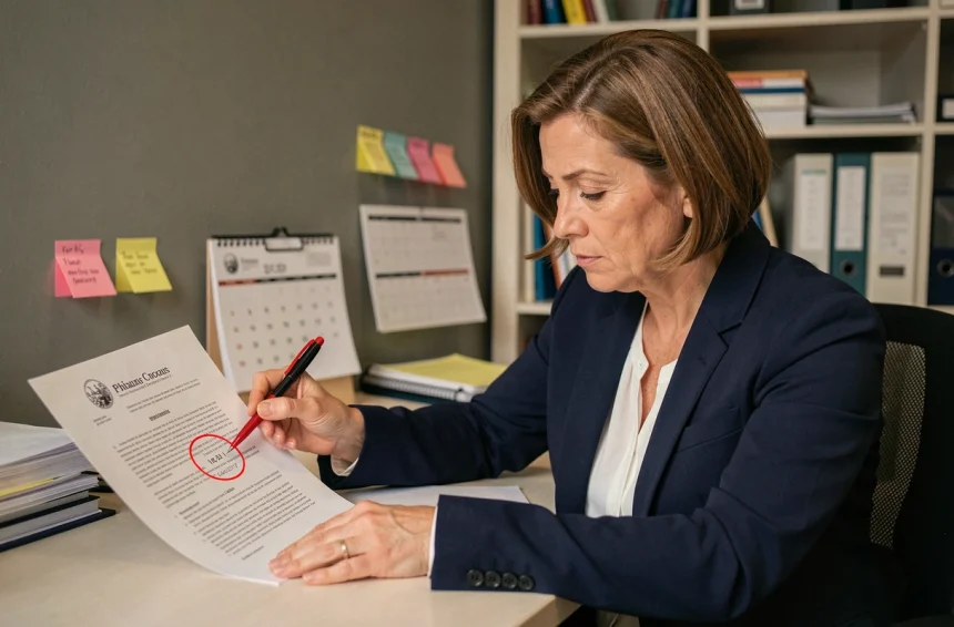 Femme juriste analysant un document légal avec des dates encerclées sur un bureau professionnel