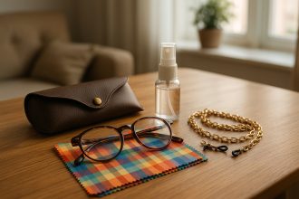 Photo d'une table en bois avec accessoires pour lunettes