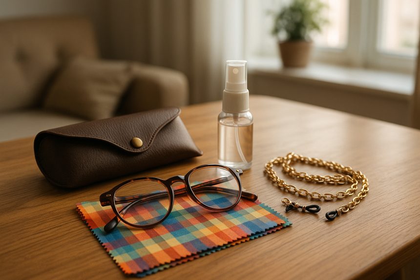 Photo d'une table en bois avec accessoires pour lunettes