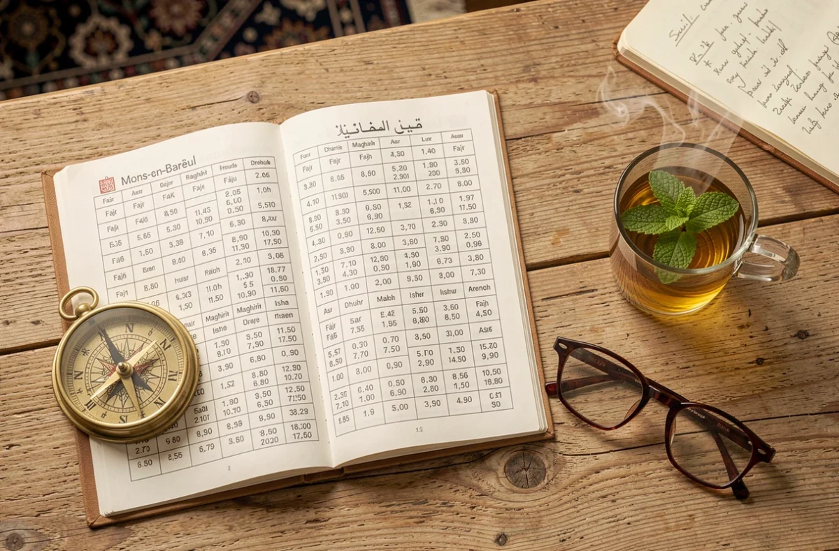 Vue de dessus d'un bureau avec un livret d'horaires de prière de Mons-en-Barœul, une boussole qibla en laiton et un thé à la menthe
