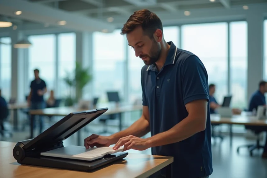 Technicien utilisant un scanner de documents professionnel dans un bureau moderne pour illustrer la qualité de numérisation Phénix Scan