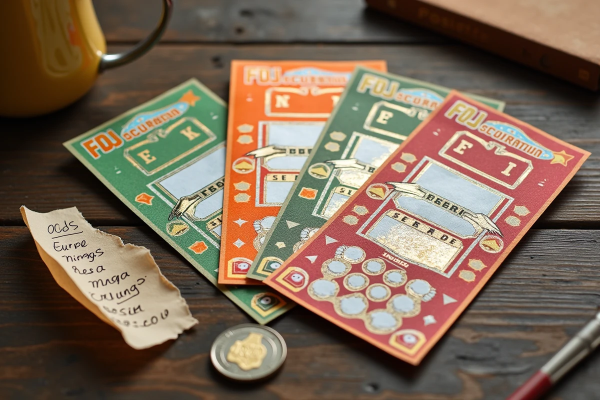 Vue aérienne de tickets à gratter FDJ posés sur une surface en bois avec une pièce de monnaie et des notes sur les probabilités de gains