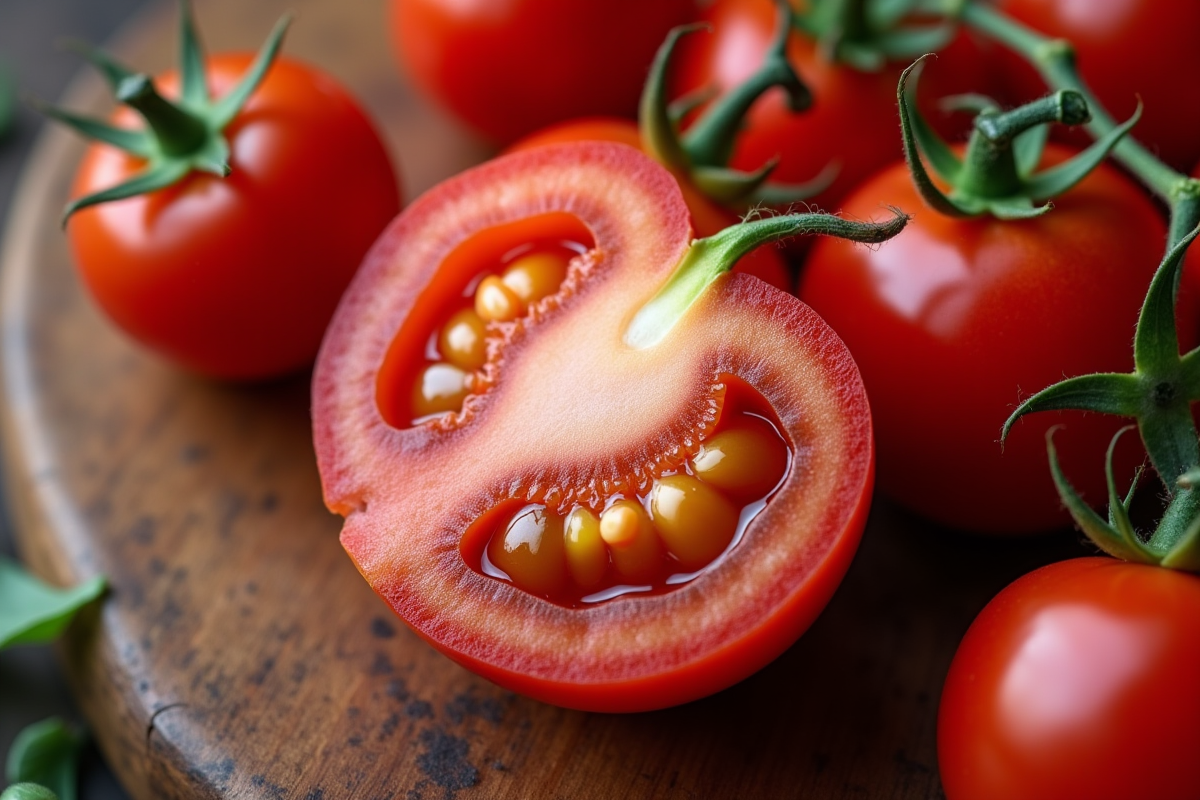 Tranches de tomate cerise sur une table en bois rustique