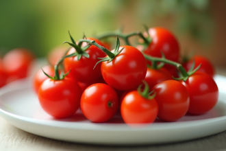 Tomates cerises fraîches sur une assiette blanche
