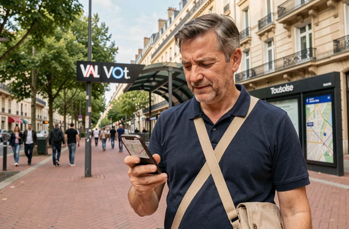 Touriste devant l'entrée d'une station de métro de Toulouse consultant une application de plan sur smartphone