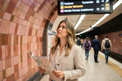 Touriste consultant le plan du métro de Toulouse sur le quai d'une station moderne aux murs en brique rose
