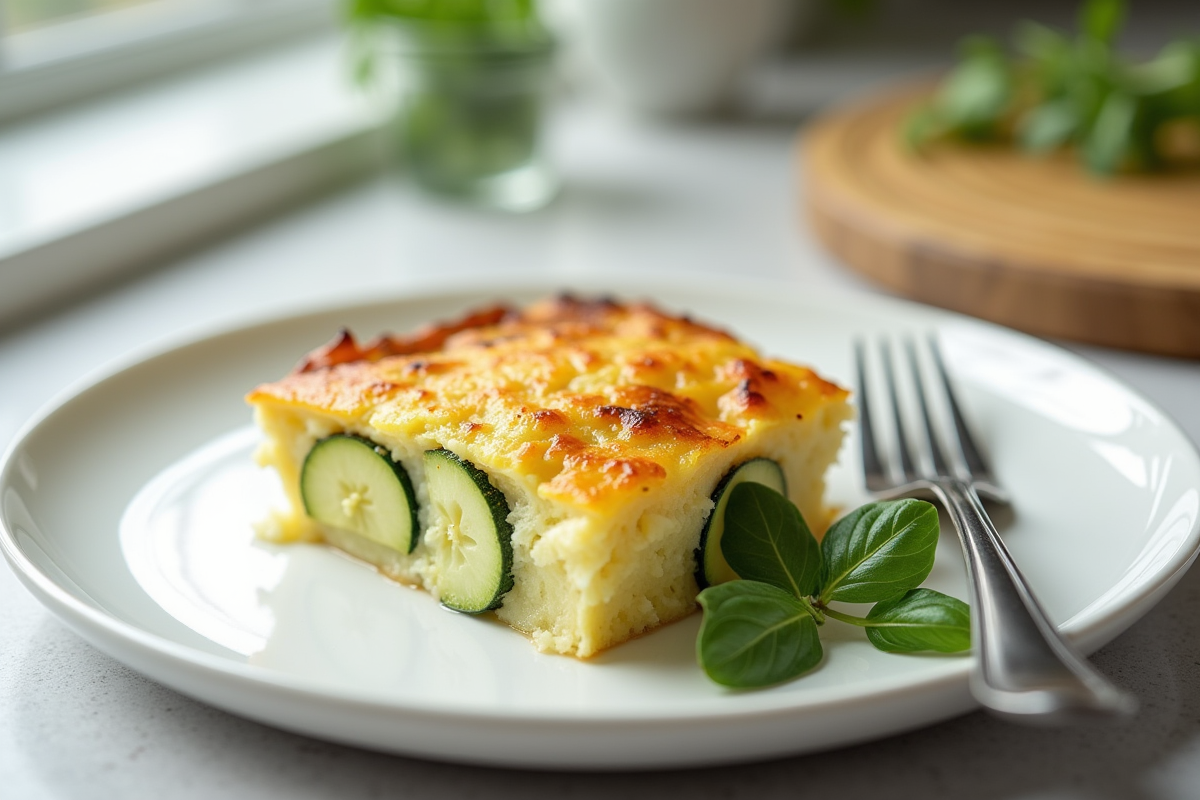 Tranche de gratin de courgette et pomme de terre sur une assiette blanche