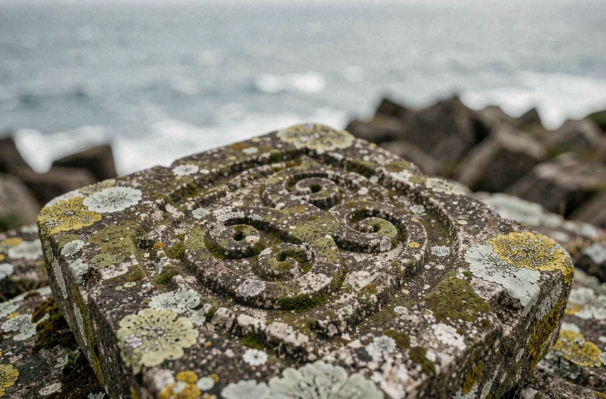 Symbole triskel sculpté en relief sur une pierre de granit ancienne au bord de la côte atlantique