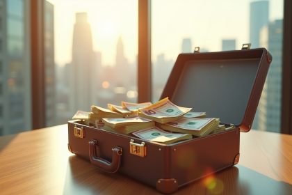 Valise ouverte avec des billets de différentes monnaies sur une table ensoleillée