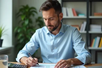 Homme vérifiant des calculs PPM sur des feuilles imprimées avec une calculatrice scientifique sur un bureau en bois