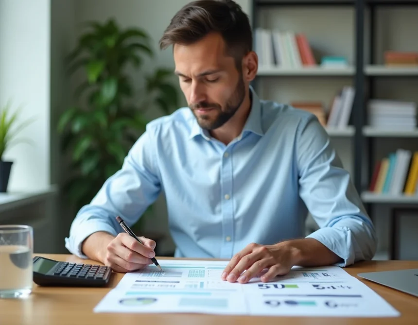Homme vérifiant des calculs PPM sur des feuilles imprimées avec une calculatrice scientifique sur un bureau en bois