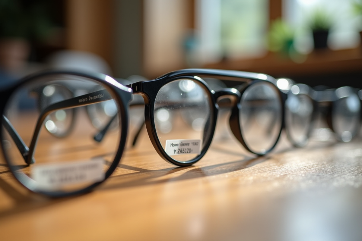 Lunettes posées sur une table en bois avec étiquettes