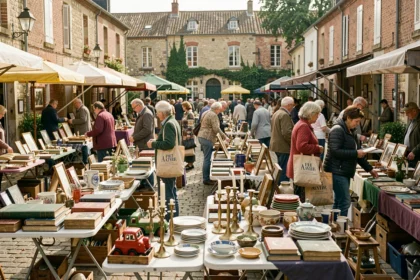 Marché vide-greniers animé dans le Nord de la France avec des étals d'objets vintage et une foule de visiteurs curieux