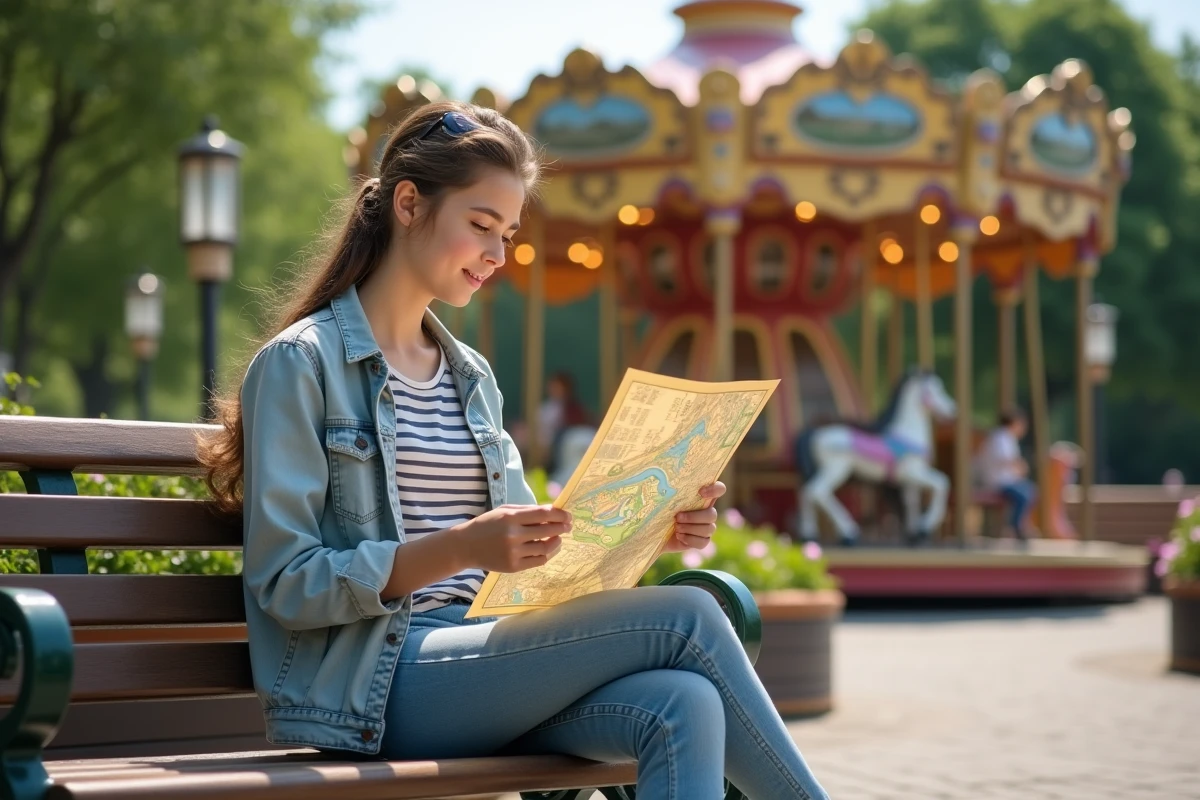 Jeune fille consultant le plan du parc Bagatelle près du carrousel sans attente