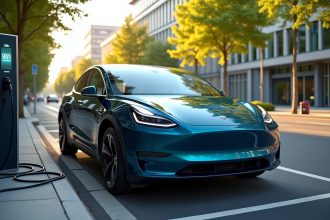 Voiture électrique en charge dans un stationnement urbain en journée